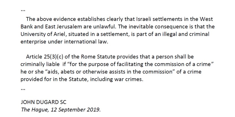 Legal opinion by international law scholar John Dugard on Israeli universities opertating in the Occupied Palestinian Territory